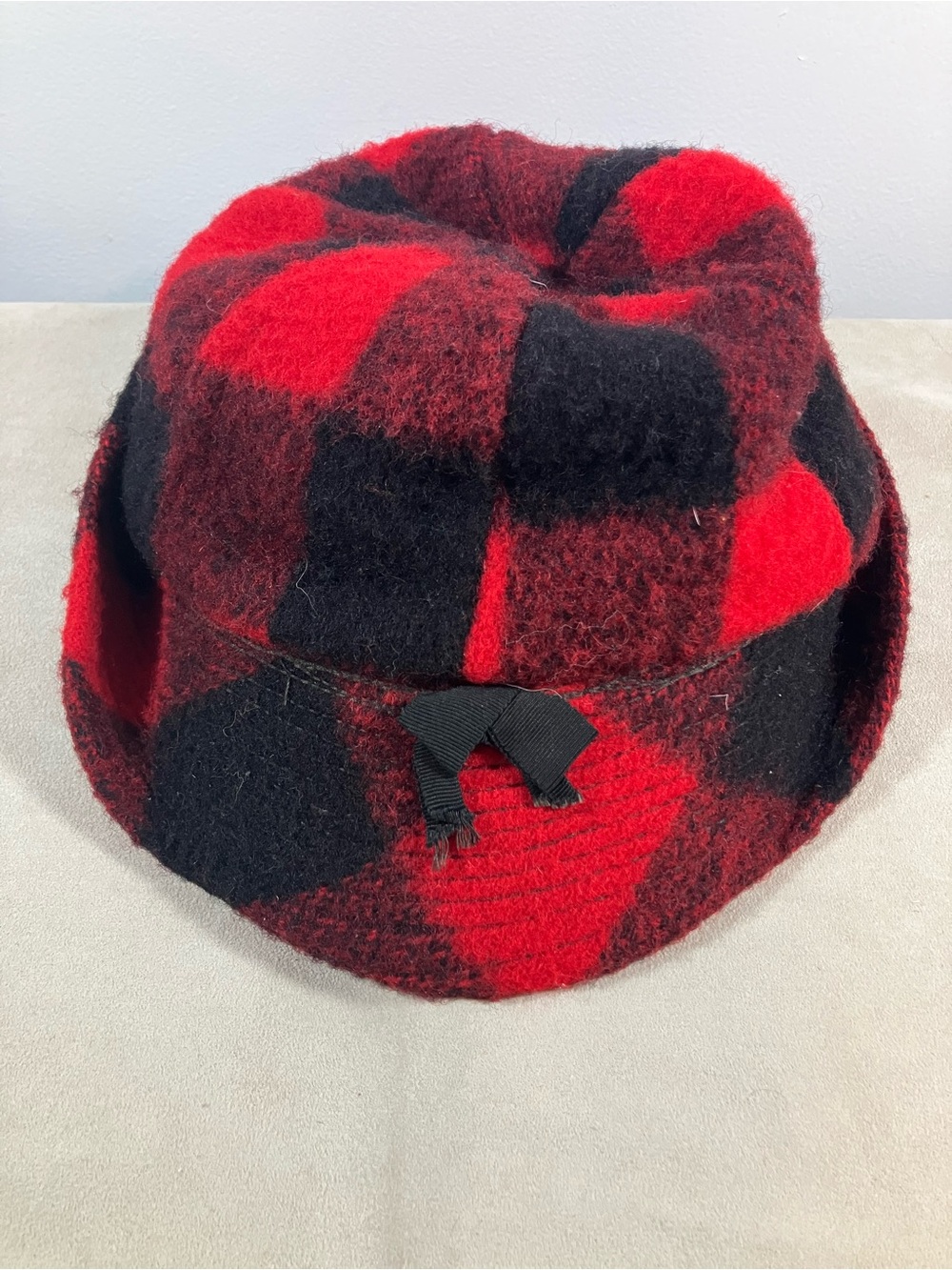 VTG Woolrich Trapper Bucket Cap Hunters Hat Buffalo Plaid Black Red Wool 7 1/8 View 3